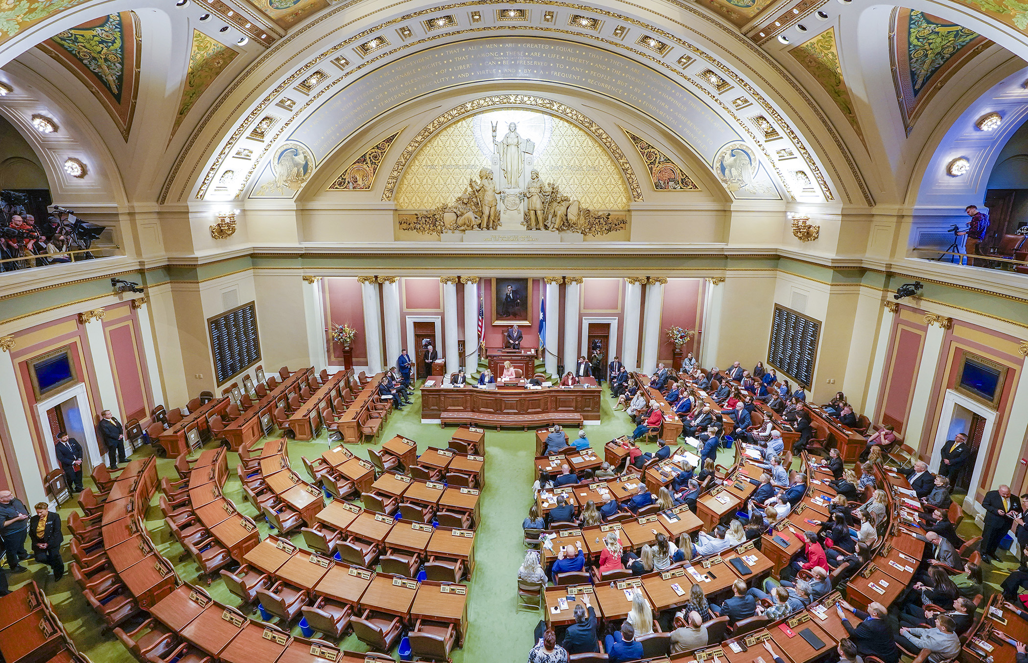 The House Chamber was absent 67 members Tuesday as House DFLers stayed away from the Capitol to deny a quorum on the first day of the 2025 session. (Photo by Andrew VonBank)